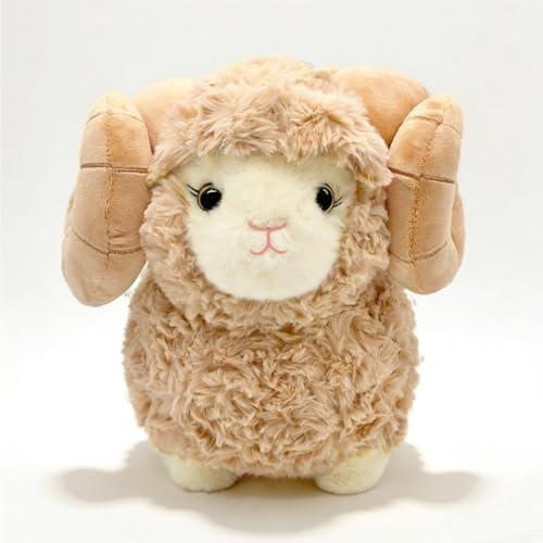 JORCEDI Ziege Kuscheltier, Plüschtier Schaf - Stand Simulated Animal, Lockiges Schaf Plüschtier mit großen Hörnern, Weiches Stofftier für Kinder & Erwachsene, Schlafbegleiter (15 cm,Braun)