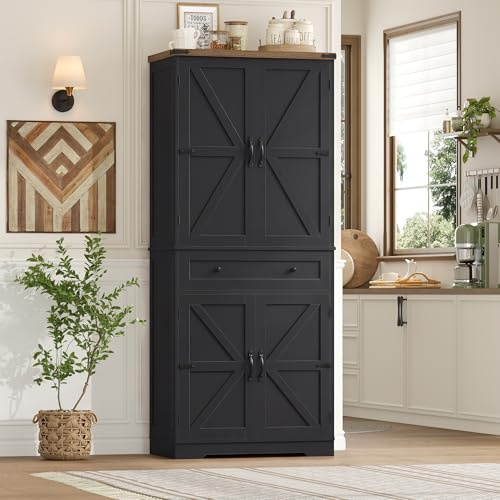 hefoths 180cm Küchenschrank, Buffetschrank Vorratsschrank, Scheunentor | Hochschrank Küche mit 5 Staufächer für Küche, Wohnzimmer und Esszimmer, Schwarz