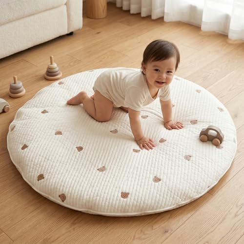 Faticenic Runde Baby-Spielmatte, verdickte Kissen-Krabbelmatte mit Bären- und Kaninchen-Stickerei, Abnehmbarer waschbarer Kinderzimmerteppich, Krabbeln, Spielmatte