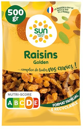 SUN - Raisins Secs Golden 500 g - Moelleux, Fruités & 100 % Naturels - Pour Snacking, Apéritif, Cuisine & Pâtisserie - Raisins Blonds Séchés Dorés - Couscous, Tajine, Taboulé, Apéro