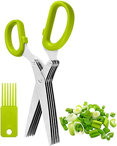 Herb Scissors INVODA Multipurpose Kitchen Shears 5 Extremely Sharp Stainless Steel Blades Handy Cleaning Comb Multi Blade Time Saving Cut, Slice Chop Herbs Fast (Green)