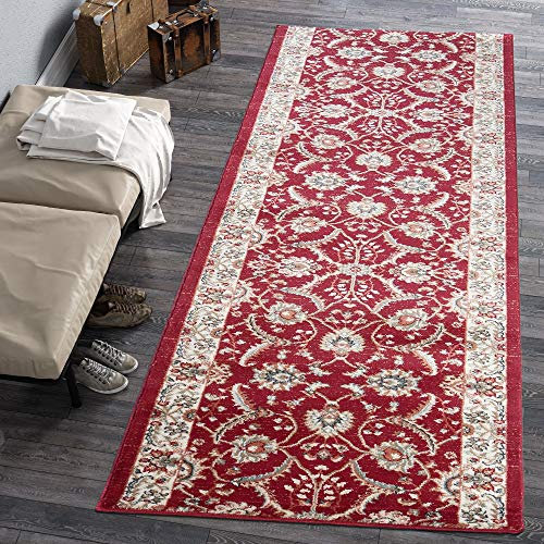 Carpeto Rugs Blumen Teppich Läufer Flur - Orientalisch Teppichläufer - Kurzflor, Weich - Flurläufer für Wohnzimmer, Schlafzimmer - Teppiche - Meterware - Rot Burgund 2-80 x 600 cm