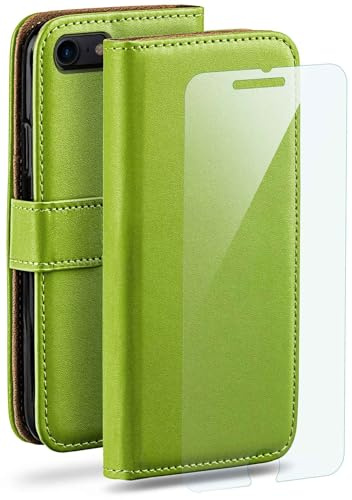 moex 4 in 1 Set für iPhone SE (2020/2022) Hülle mit 3X Schutzfolie, Handyhülle Kartenfach [Book Case Klapphülle + FlexProtect Folie] Schutzhülle 360 Grad Komplettschutz, Grün