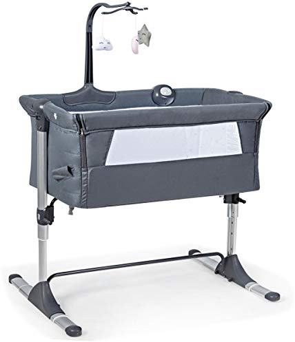 GOPLUS Klappbares Beistellbett & Babybett, Höhen- und Neigungsverstellbares Kinderbett, Reisebett inkl. Matratze, Tragtasche, belastbar bis 20 kg, mit Spielzeug und Musikfunktion, Farbwahl (Grau)