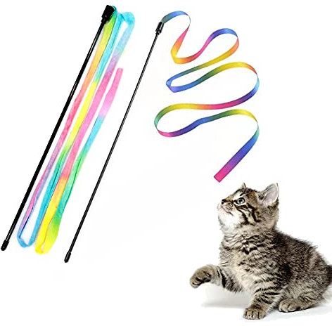Juguetes interactivos de varita de arco iris para gatos, cuerda interactiva para varitas de gato, cinta colorida para gatitos, 2 unidades