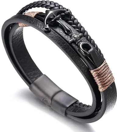Halukakah ● Segeln ● Herren-Armband Handgefertigt | Echtleder Schwarz | Magnetverschluss Edelstahl in Schwarz | Wickelarmband 3 Runde | mit Titan Anker | KOSTENLOS Geschenkbox | 21.5cm