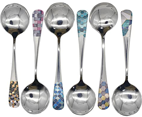 Pinenjoy 6pcs Round Head Soup Spoons with Fashion Printing Pattern 6.22inch Tablespoon 18/10(304) Stainless Steel Korean Spoons for Rice Dessert Tea Coffe Bouillon