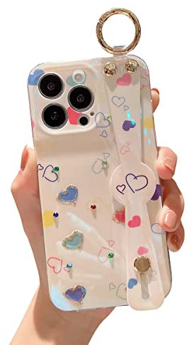 Lastma iPhone 13 Pro Max Case Cute with Wrist Strap Kickstand Glitter Bling Cartoon IMD Soft TPU Shockproof Protective Cases Cover for Girls and Women - Heart