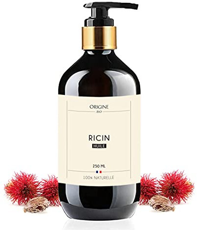 Origine Bio - 250ml Huile de Ricin, Pressée à froid, Pure - Soin 100% Naturel stimule fortifie les cheveux, barbe, cils, sourcils, ongles, peau - Bouteille en verre, Pompe - Ricin noir
