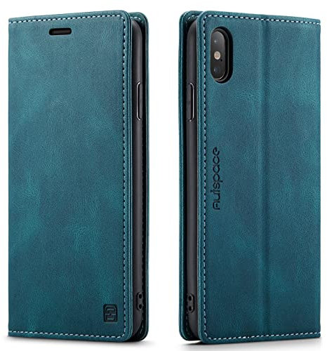 LOLFZ Wallet Case for iPhone XS Max, Magnetic Flip Leather Case with RFID Block Card Slots Kickstand Shockproof Protective Cover Compatible with iPhone XS Max - Blue