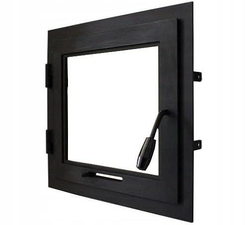 Ofentür 50 x 50 cm, Kamintür mit Glas für Pizzerofen, Gusseisen, Öffnungsrichtung: rechts | Griff ist links, mit einem Kragen