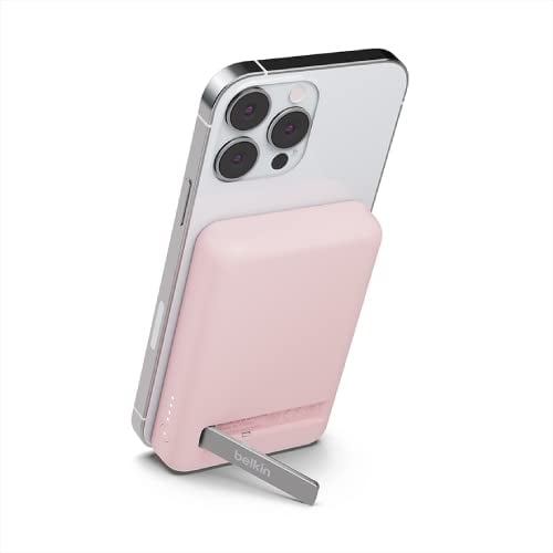 Belkin Batterie Externe sans Fil magnétique 5000mAh, Chargeur Portable Compatible MagSafe et Charge Pass-Through, Sortie 7,5 W, entrée 10 W et béquille, Compatible avec Les iPhone 16 et 15 - Rose