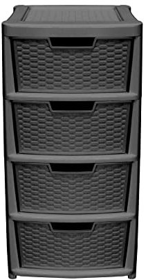 simpa Large Rattan Effect Black 4 Drawer Storage Tower Unit - 82cm (H) x 40cm (D) x 39cm (W)