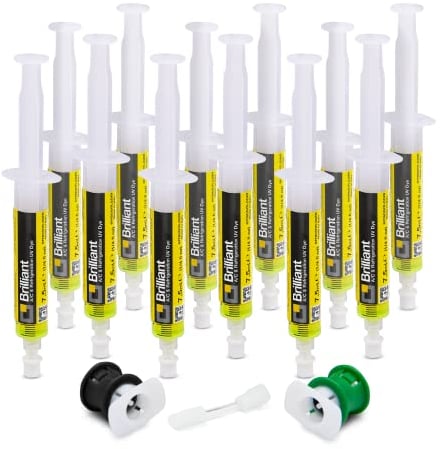 Errecom Brilliant - 12 x 7,5 ML, Traceur Fluorescent UV pour localiser Fuites de Gaz Réfrigérant dans Les Systèmes de Climatisation Voiture, Contient adaptateurs R134a et R1234yf