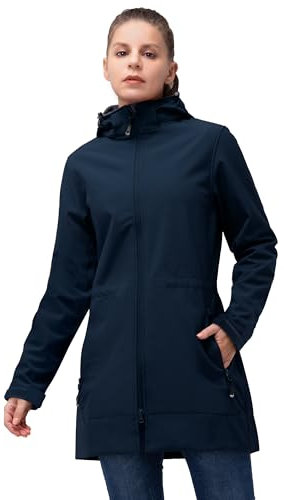 33,000ft Softshelljacke Damen Lange Übergangsjacke Wasserdicht Winddicht Softshellmantel Windbreaker Atmungsaktiv Wanderjacke Outdoor Mantel mit Abnehmbarer Kapuze Juwel Blau L