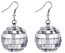 GAUEIOUR Disco Ball Earrings,70's Disco Hall Earrings, Laser Glass Sparkling Earrings, Disco Bar Party Clothing Retro Fashion Accessories, Women's Jewelry Gifts Silver