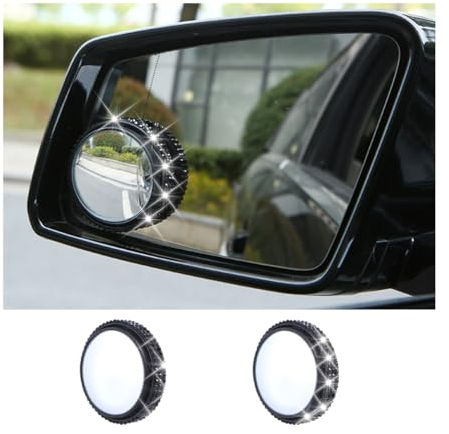 JNNJ 2Pcs Bling Strass Diamant Runder Toter Winkel Autospiegel, 360 ° Drehbarer Verstellbarer HD-Glas-Spiegel, Rückspiegel Universelle für Autos SUV LKW(Schwarz)
