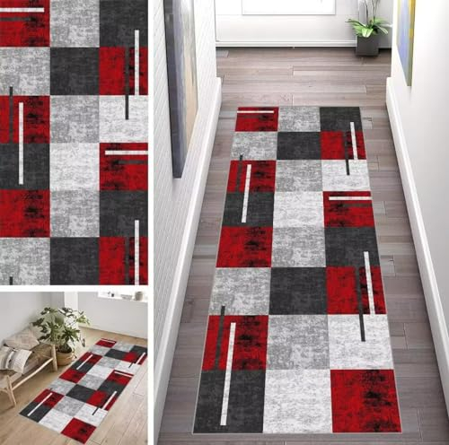 ZUZEKU Läufer Flur Küche Waschbar rutschfest 60X300cm Modern Geometrisches Muster Rot und Grau Lang Küchenteppich Flurteppich Teppich Fur Korridor Wohnzimmer Schlafzimmer Meterware Anpassbar