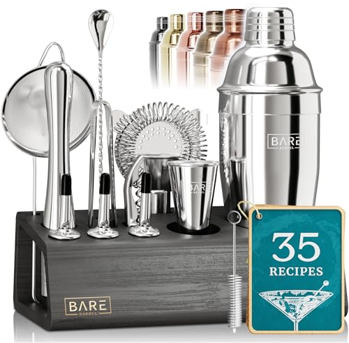 BARE BARREL® Kit de preparación de cócteles | Kit de coctelera de 14 piezas | Soporte de exhibición de bambú y 35 tarjetas de recetas | Juego de regalo de cóctel Mixology (coctelera de 675 ml,