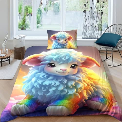 Niedliches Schaf Bettwäsche-Sets Bettbezug Mit Kissenbezüge,Tierisches Schaf Bettwäsche Warm Mit Reißverschluss Geeignet Für Die Dekoration Von Kinderzimmern Für Jungen Und Mädchen Single(135x200cm)