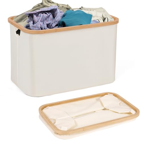 EDWINENE Faltbarer Wäschekorb 60 Liter, Laundry Baskets mit Bambusgriffen und Abnehmbarem, Wäschesammler für Schlafzimmer Badezimmer Waschküche(Beige)