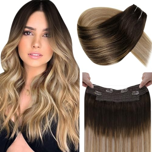 LaaVoo Invisible Fish Line Extensions Echthaar Braun Blond Extensions Echthaar mit Unsichtbarem Draht Ombre Dunkelbraun Balayage Blond Invisible Secret Wire Extensions Echthaar #2/6/18 50cm 100g