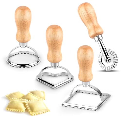 4pz Moulle à Ravioli,Roulette à Pâtisserie,Emporte Piece Ravioli,Moule à Manche en Bois avec Bord Rainuré,Moules à Raviolis avec Emporte-Pièces et Roulette à Pâte,pour Pâtes Farcies,Ravioli,Pâtisserie