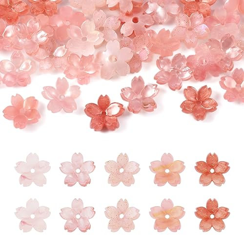 PandaHall - 50 cuentas de resina de flores de cerezo, tapas de 5 pétalos florales para manualidades, collares, pulseras, aretes, joyería
