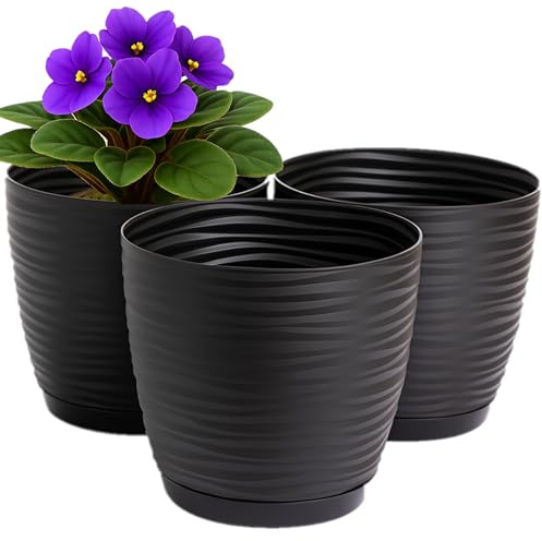 Home Garden Ornaments Lot de 3 Pots de Fleurs Ø 19 cm en Plastique avec Soucoupe et Drainage – Cache-Pots Intérieur Extérieur – Style Moderne – Noir