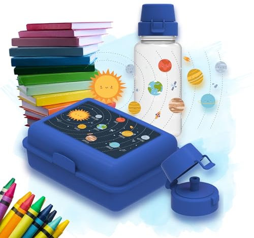 Schulset 'Kids' - Trinkflasche & Brotdose für Kinder - Auslaufsichere Wasserflasche mit Motiv - Lunchbox mit Fächern für Schule & Kindergarten, Farbe:standard-blau PP/transparent