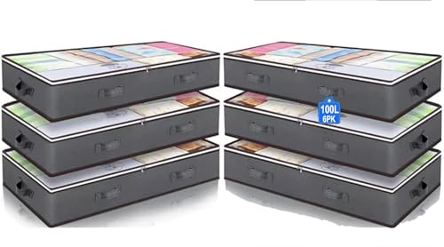 Casabella 100L Underbed Storage Bag 6 Pack - Large Under Bed Storage Box with Lid Large PVC Window - Foldable Wardrobe Storage Organiser with Reinforced Handles for Clothes, Duvets, Blankets, Bedding