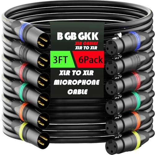 BGBGKK XLR Cables 3ft 6 Pack, Professional XLR Microphone Cable Male to Female, Gold-Plated 3-pin XLR Speaker Cable Balanced Mic Cable, Colorful