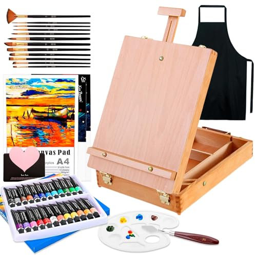 UCAMP Kit de Pintura,Set de pintura con 44 piezas,Caballetes para Mesa,con 24 Colores Tubos de Pintura Acrilica,12 Pinceles,Espátula,Delantales,Paleta y 3 Lienzo,para Pintar para Profis y A ficionados
