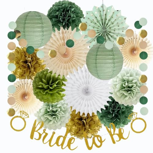 Bride to Be Deko Salbeigrün Bridal Shower Party Deko Jga Deko Olivgrün Gold Seidenpapier Pom Poms Papierfächer Papierlaterne for Junggesellenabschied Brautdusche Party Dekoration
