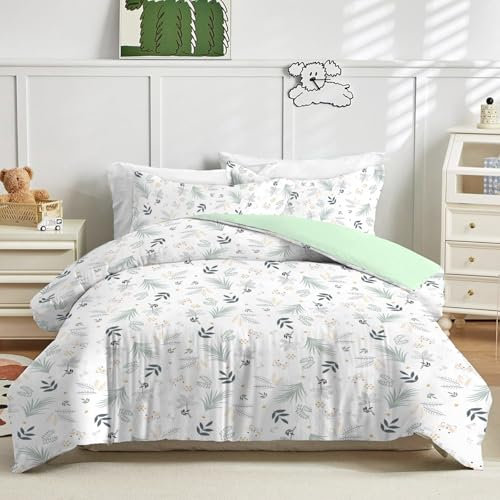 Yasida Kids Bedding Double Jungle Leaf Double Duvet Cover Set Girls/Boys With Animal And Green Leaf Print Cute Bedding Children Quilt Cover Set Green Botanical Duvet Cover 200x200/2 Pillowcases 50x75