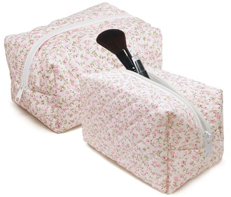 LUHOCIY Kosmetiktasche Blumen, Gesteppte Kosmetiktasche, Make Up Tasche, Make Up Bag, aus Weichem Baumwollmaterial it Reißverschluss zur Aufnahme Verschiedener Schminkutensilien (Rosa)