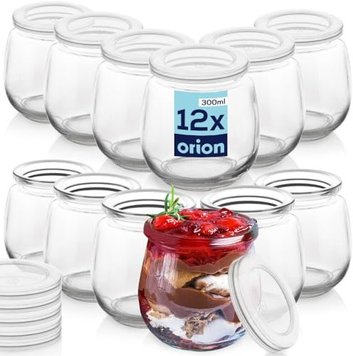 orion group Bicchiere per yogurt, da dessert, in vetro, con coperchio, 300 ml, 12 pezzi.