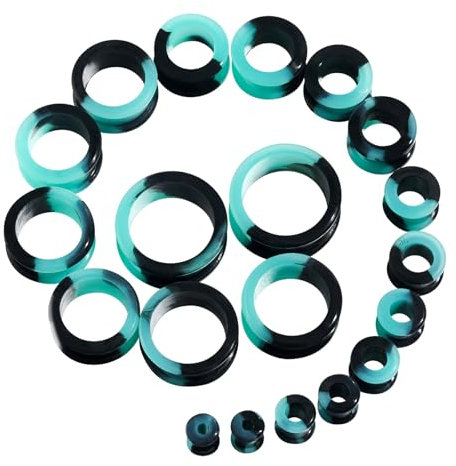 Longbeauty 20er Set/10 Paare Hart Silikon Tunnel Set Dehnungsset Ohr Piercing Schmuck Double Flared Stretching Expander 6MM-25MM, Türkis & Schwarz