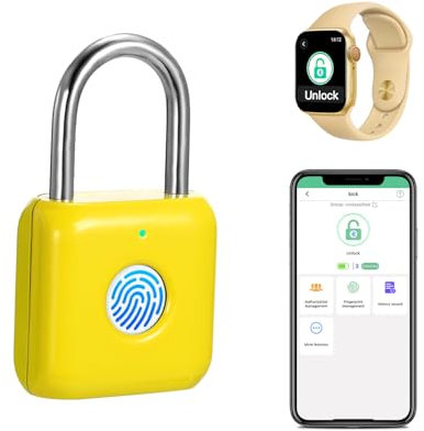 Fingerprint Padlock eLinkSmart Gym Locker Lock with Phone App iOS Watch Metal Keyless Combination Locks for School Sports Locker Hasp Storage Backpack Suitcase Yellow