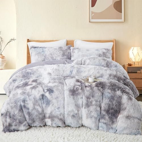 Freyamy Plüsch Bettwäsche 135x200 4Teilig Grau Langhaar Kunstfell Flauschig Winterbettwäsche Flanell Samt Biber Bettwäsche Cashmere Touch Deckenbezug mit 2 Bettbezug und 2 Kissenbezug