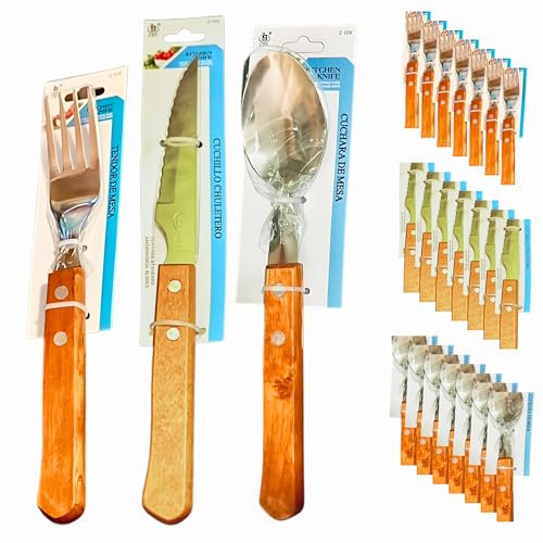 Juego 18 Cubiertos Mango Madera, Cubertería Completa Acero Inoxidable: 6 Cuchillos de Sierra y 6 Tenedores Chuleteros y 6 Cucharas Soperas de Mesa - Conjunto Camping, Viaje, Trabajo, Barbacoa