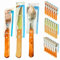 Juego 18 Cubiertos Mango Madera, Cubertería Completa Acero Inoxidable: 6 Cuchillos de Sierra y 6 Tenedores Chuleteros y 6 Cucharas Soperas de Mesa - Conjunto Camping, Viaje, Trabajo, Barbacoa