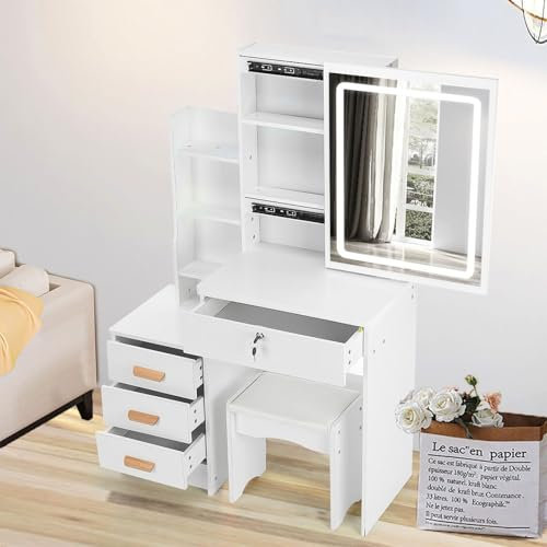 Oyajia Schminktisch Weiß, Kosmetiktisch mit Spiegel & Hocker, Frisierkommode mit LED-Beleuchtung Set, Frisiertisch mit 5 Schubladen, Schlafzimmermöbel Vanity Set, 140 * 94 * 40cm