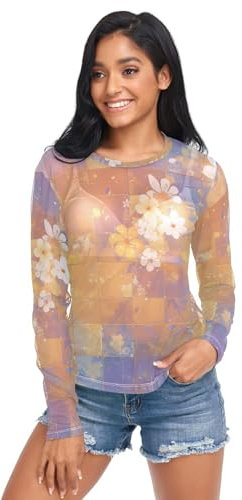 Rétro damier Groovy Peinture à l'huile Femmes Transparent Tops d'été Décontracté Maille Crop Top, Tableau à damier rétro Groovy Fleur Peinture à l'huile, Taille L