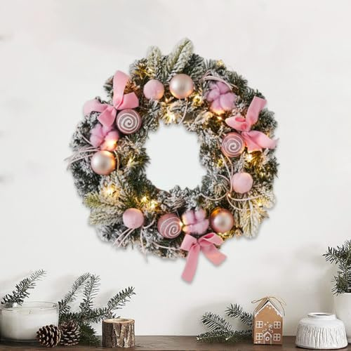 JOYWU Christmas Wreath with Led Light,40cm Lighted White Snow Flocked Winter Wreaths with Xmas Ball,Bow,Ribbon and Gifts Box,Snowy Flocked Xmas Wreath Decor for Fireplaces Walls Windows (Pink)