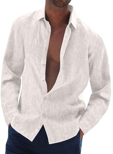 Mens Linen Shirts Long Sleeve Cotton Button Down Hawaiian Beach Shirt | Linen Cotton, Breathable, Lightweight, Summer Shirts for Men, Hawaiian Holiday Wear