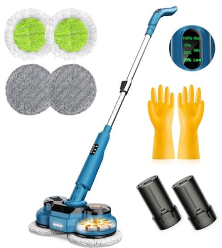 Electric Mop with 2 x 2000mAh Rechargeable Batteries, Dual Spin Mop , Handheld Cordless Steam Mop with 300 ML Water Tank, LED Headlight & Smart Display, Floor Polisher for Hardwoods & Tiles