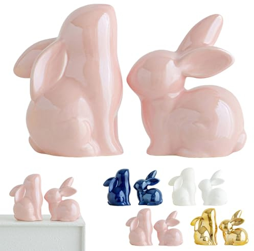 Rubu22a 2 Stück Osterdeko Osterhase Figuren, Osterdeko Modern Porzellan Hasen, Keramik Osterhase Deko, Tischdeko Ostern, Osterhase Keramik,Ostern Geschenke (Rosa)