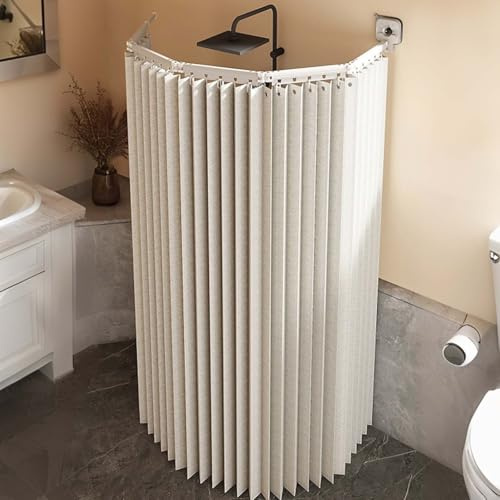 HLTQL Duschvorhang Mit Stange üBer Eck Duschstange FüR Duschvorhang DachschräGe Duschvorhang Faltbar Ohne Bohren Aluminium(c1Rod+Curtain,5fold)