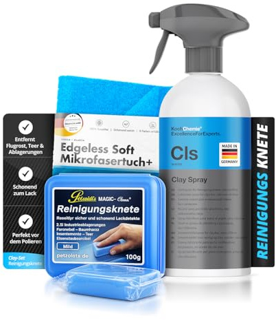Koch Chemie Clay Spray Set 500ml mit Reinigungsknete 100g & Tuch | Siliconölfreies Gleitmittel mit MAGIC-Clean blau 100g und 500GSM Tuch für Lack, Glas und weitere glatte Oberflächen.